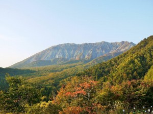 The mountain with bare rocks and the changing leaves