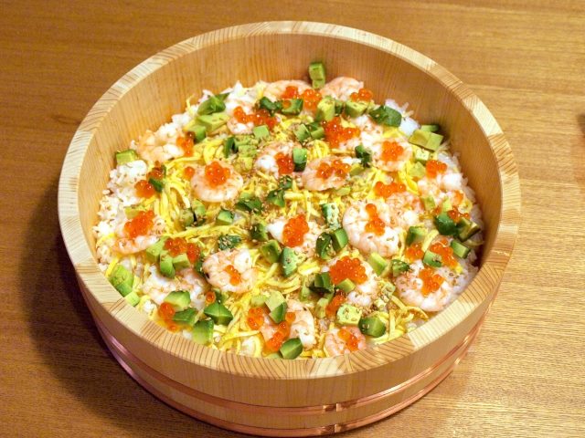 ”Chirashi-zushi” in sushi oke (a wooden bowl for sushi rice).