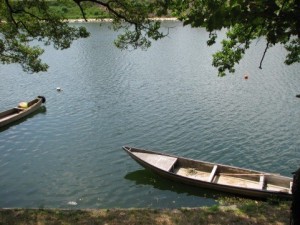 Japanese traditional wooden boat on the river.(image)